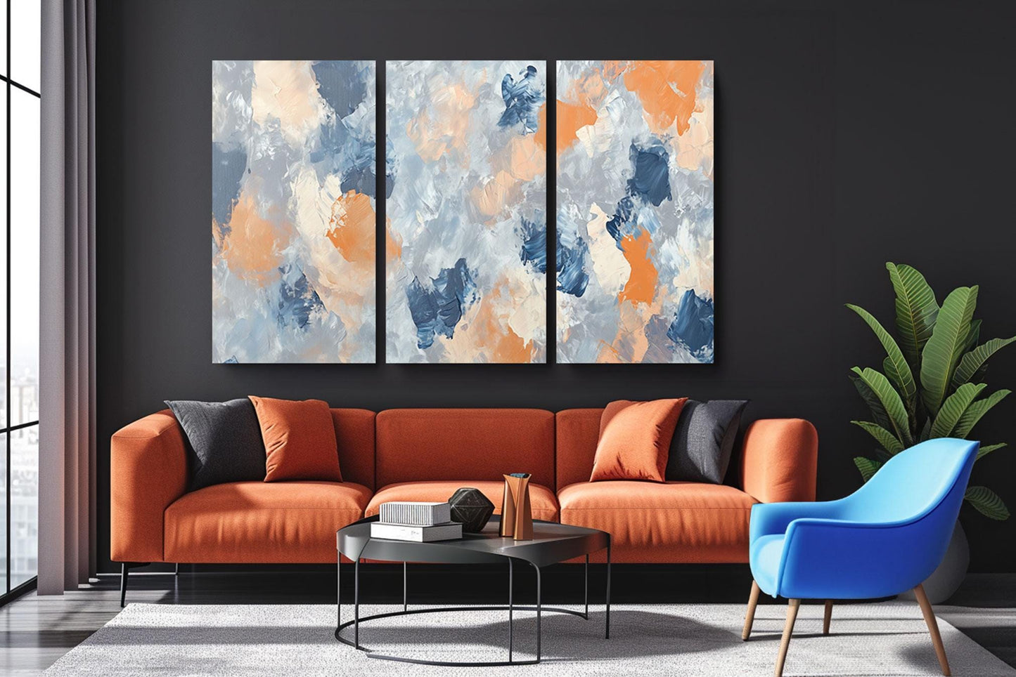 a living room filled with furniture and a painting on the wall