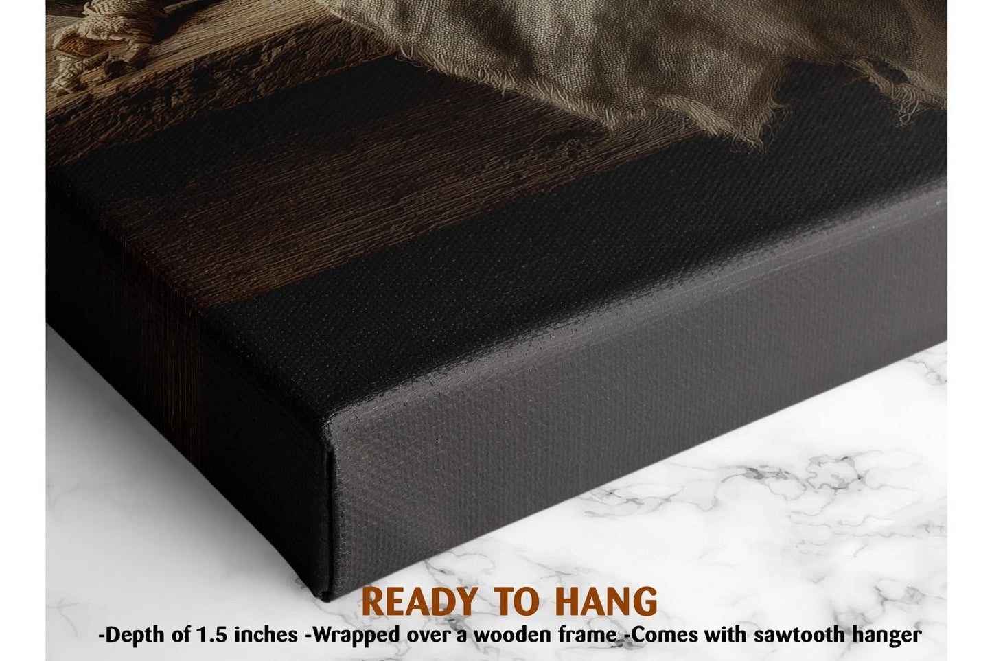 The image is a close-up of a black canvas with a wooden frame, and it appears to be a painting or artwork. The text indicates that the canvas is ready to hang and measures 1.5 inches in depth.