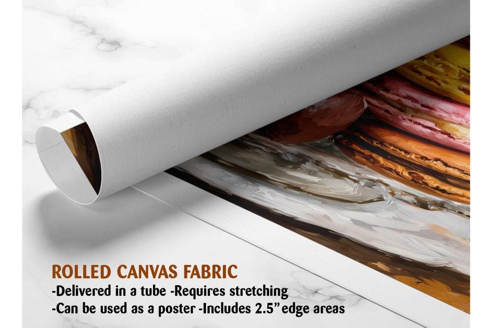 The image is a rolled canvas fabric, which is a type of canvas material used for painting or printing. It is described as a tube-delivered fabric, which means it is delivered in a tube and requires stretching before use. It can be used as a poster with a 2.5&quot; edge area.