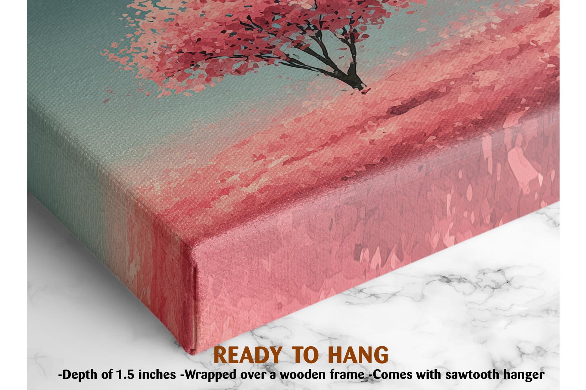 The image is a close-up of a canvas print featuring a vibrant painting of a tree with pink flowers against a blue background.