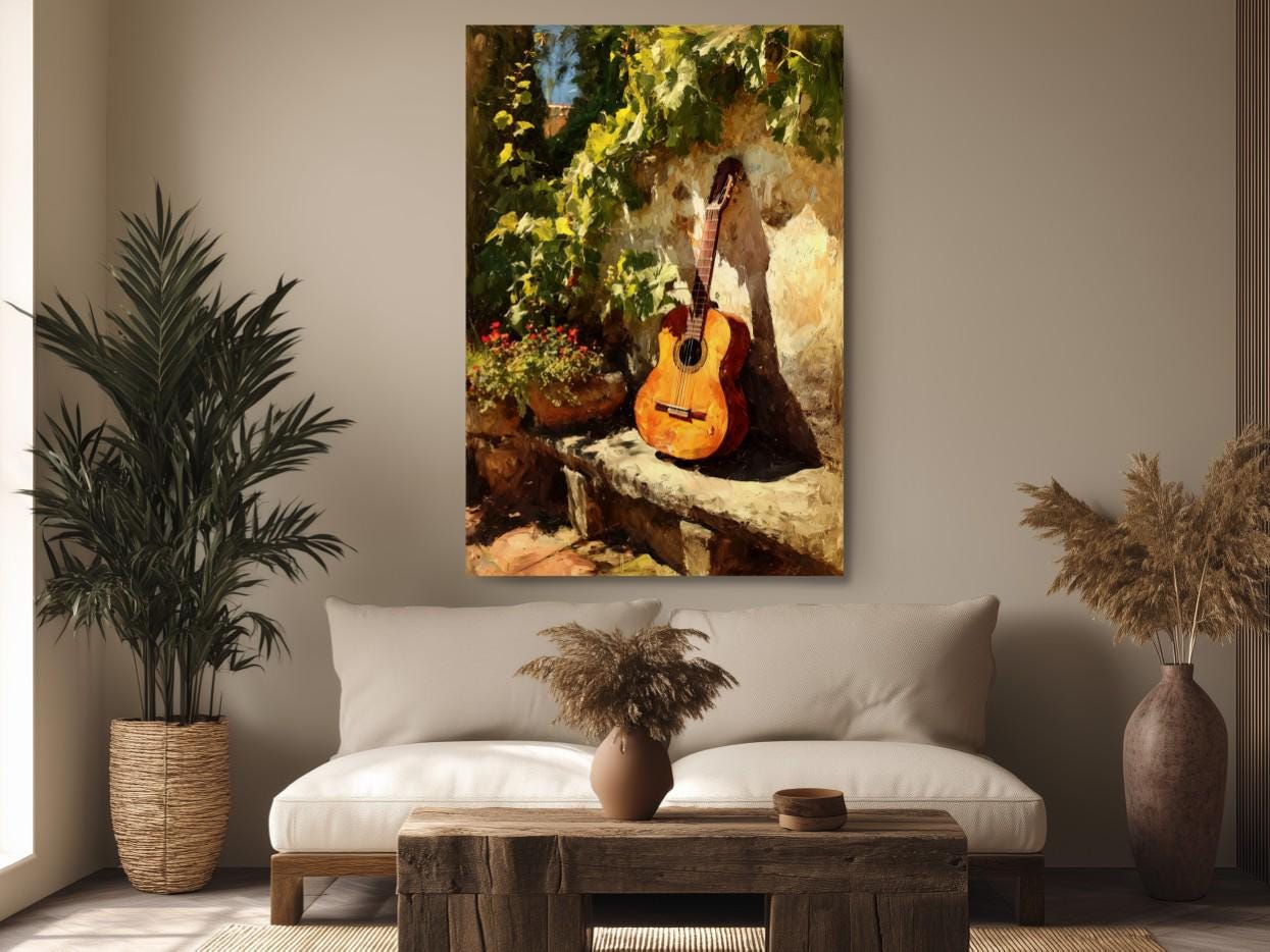 a cozy living room with a large painting of a guitar hanging on the wall above a wooden coffee table. The painting depicts a guitar leaning against a stone wall, surrounded by lush greenery and vibrant flowers. The room is decorated with potted plants, vases, and a wooden table, creating a warm and inviting atmosphere.