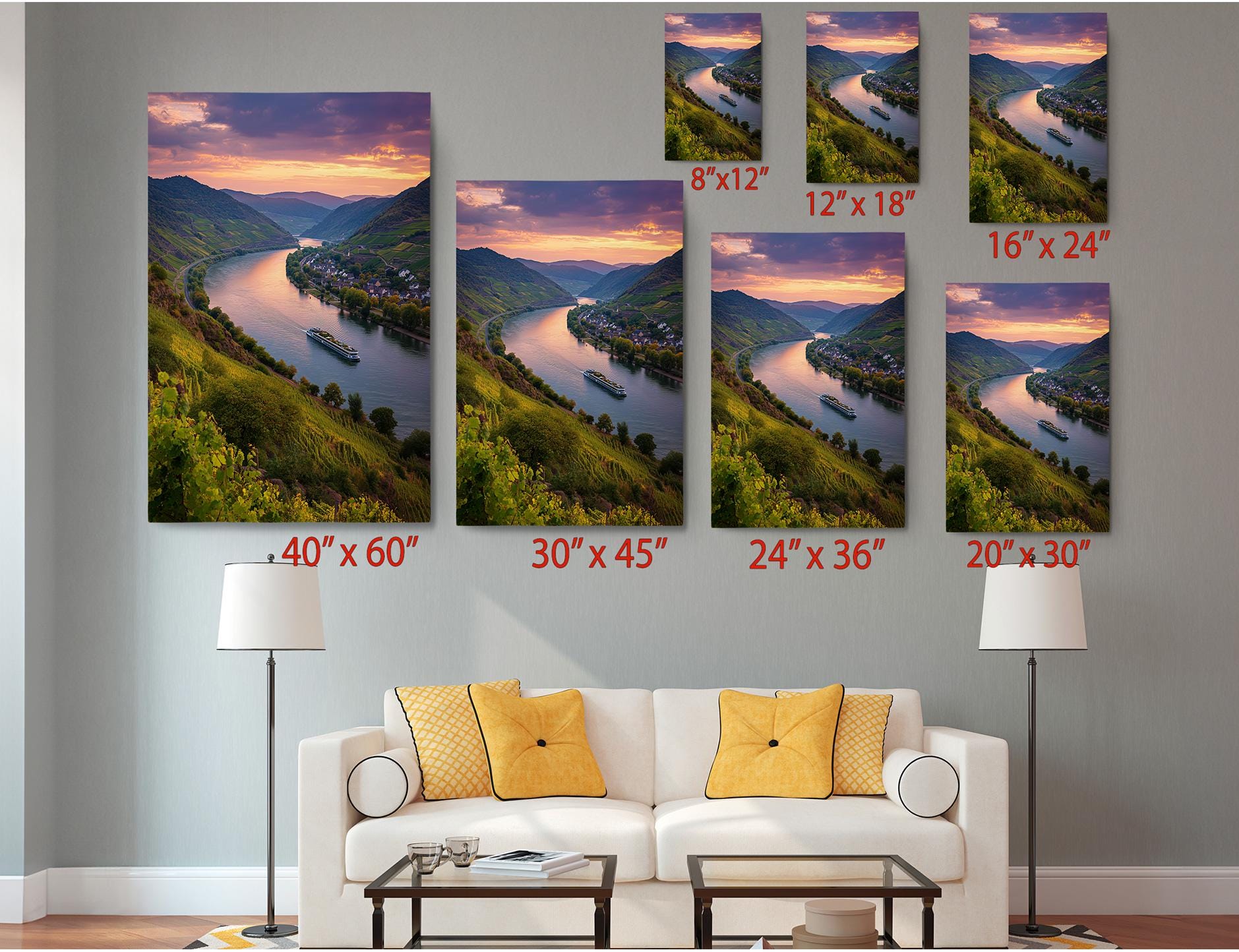 The image is a living room with a white sofa and a coffee table. Above the sofa, there are six framed pictures of a scenic landscape, each with a different size and resolution, ranging from 8x12 to 24x36 inches. The pictures are arranged in a grid-like pattern on the wall, creating a visually appealing display.