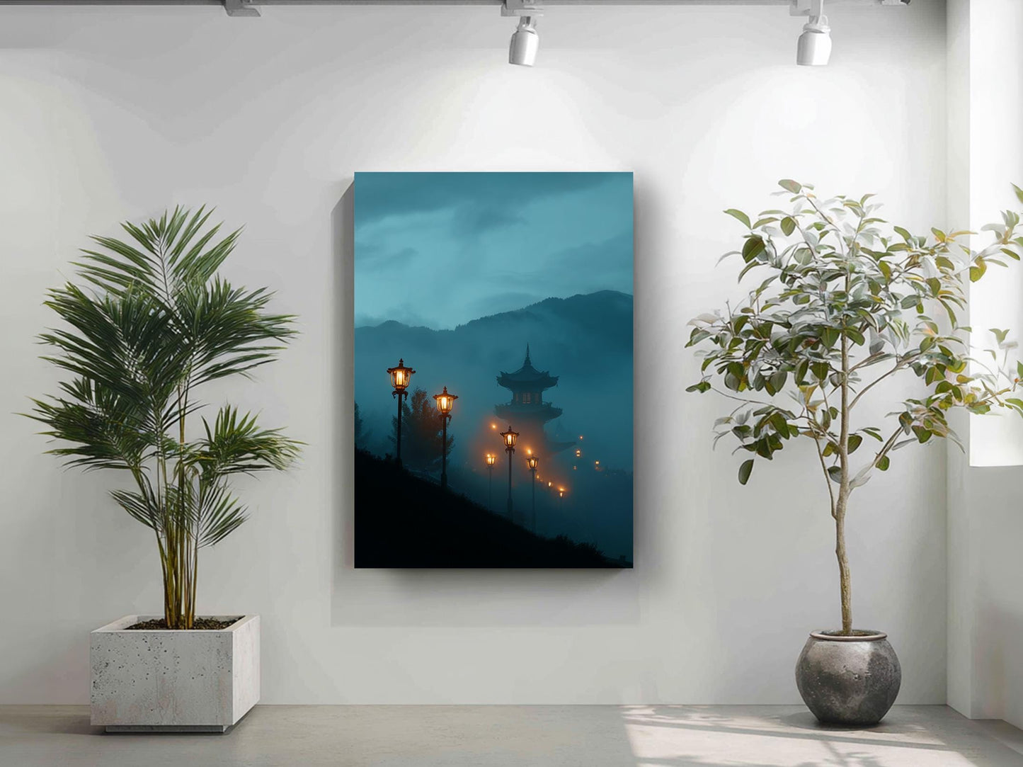 a serene indoor setting with a large potted plant on the left side and a framed picture of a temple with a misty background on the right side. The potted plant has a tall, slender stem and lush green leaves, while the framed picture showcases a temple with a pagoda-like structure and a misty, atmospheric background.