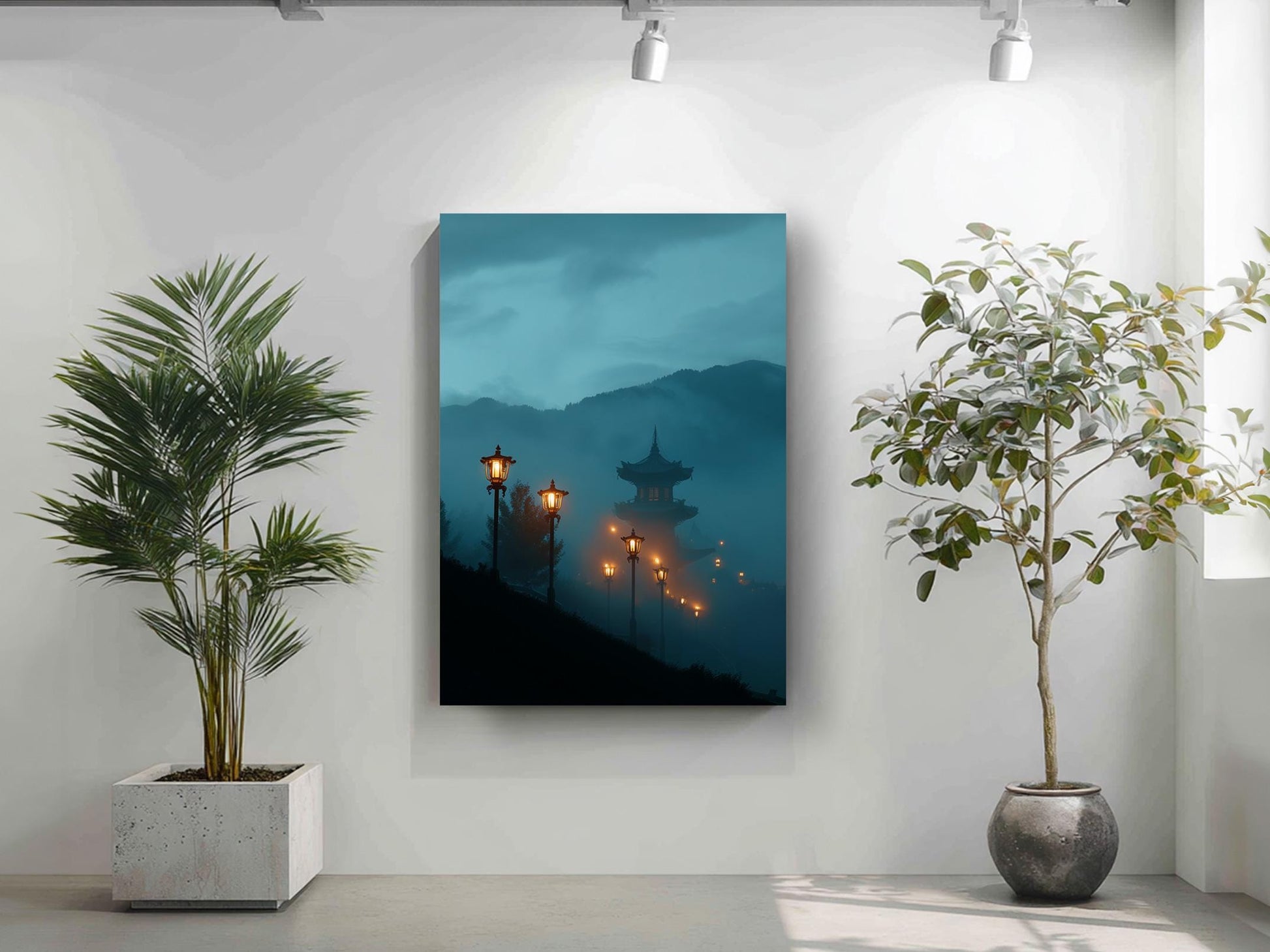 a serene indoor setting with a large potted plant on the left side and a framed picture of a temple with a misty background on the right side. The potted plant has a tall, slender stem and lush green leaves, while the framed picture showcases a temple with a pagoda-like structure and a misty, atmospheric background.