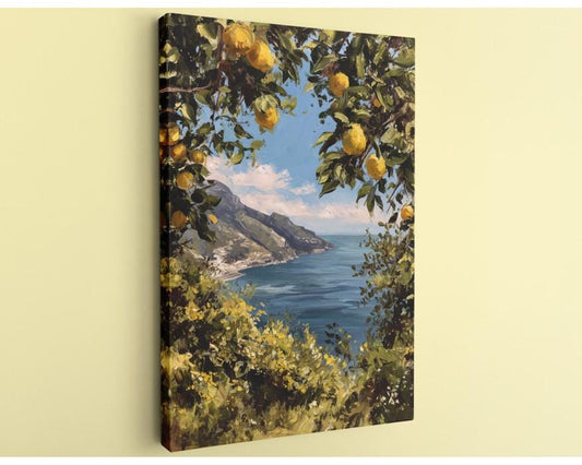 a picturesque coastal landscape with a lush green hillside, a vibrant blue sea, and a clear sky with fluffy white clouds.