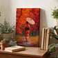 a wooden table with a painting of a woman in a kimono holding an umbrella, surrounded by potted plants and books.