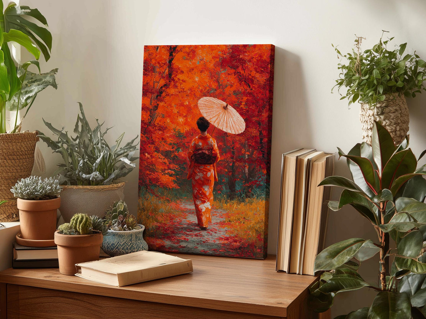 a wooden table with a painting of a woman in a kimono holding an umbrella, surrounded by potted plants and books.