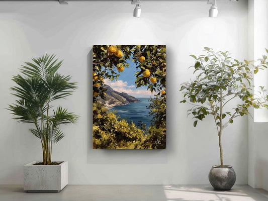 a serene coastal landscape with a view of the ocean, framed by lush greenery and framed by a potted plant.