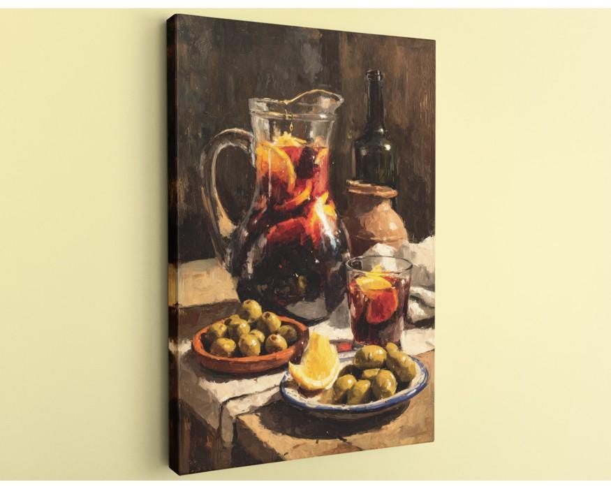 The image is a painting depicting a table with a pitcher of red liquid, a glass of red liquid, a bowl of green olives, and a plate of sliced lemon.