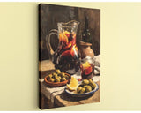 The image is a painting depicting a table with a pitcher of red liquid, a glass of red liquid, a bowl of green olives, and a plate of sliced lemon.