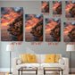 The image is a living room with a white sofa and a coffee table. Above the sofa, there are seven framed pictures of a sunset over a cliff, each with a different size and resolution. The pictures are arranged in a grid-like pattern on the wall, with each one depicting a different angle and perspective of the sunset.