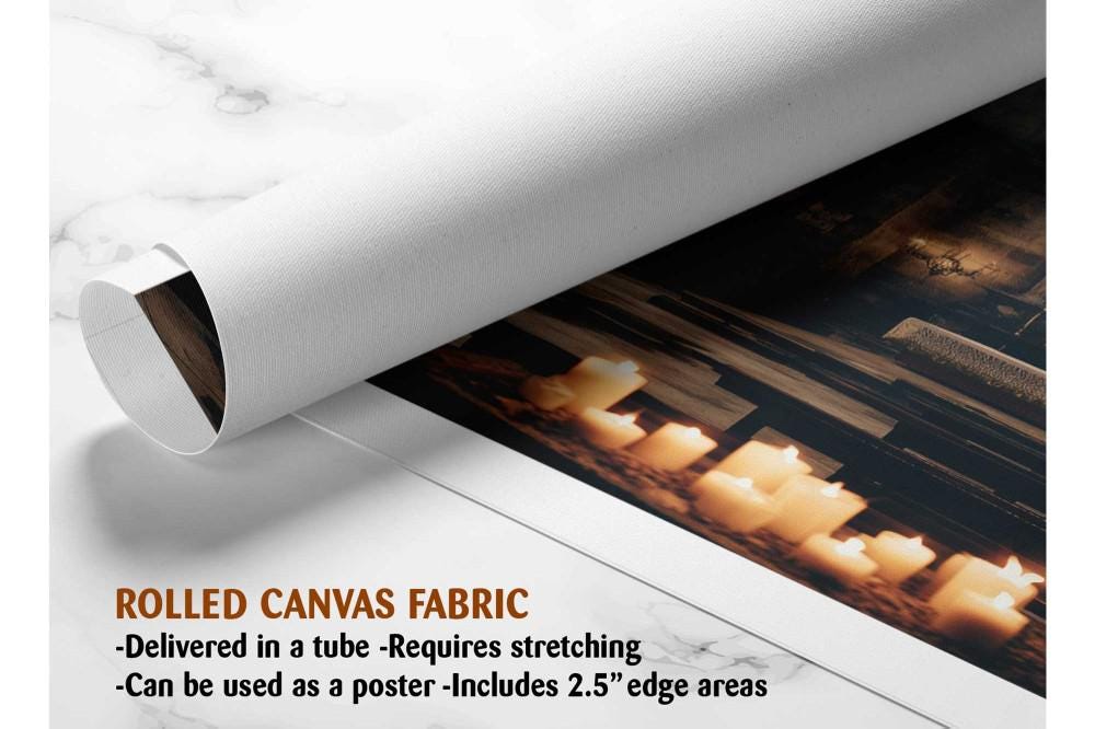 The image is a rolled canvas fabric, which is a type of canvas material used for painting or printing. It is described as a tube-delivered canvas fabric, which means it is delivered in a tube and requires stretching before use. It can be used as a poster with a 2.5&quot; edge area.