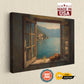 The image is a painting of a window overlooking a scenic view of a lake and mountains.