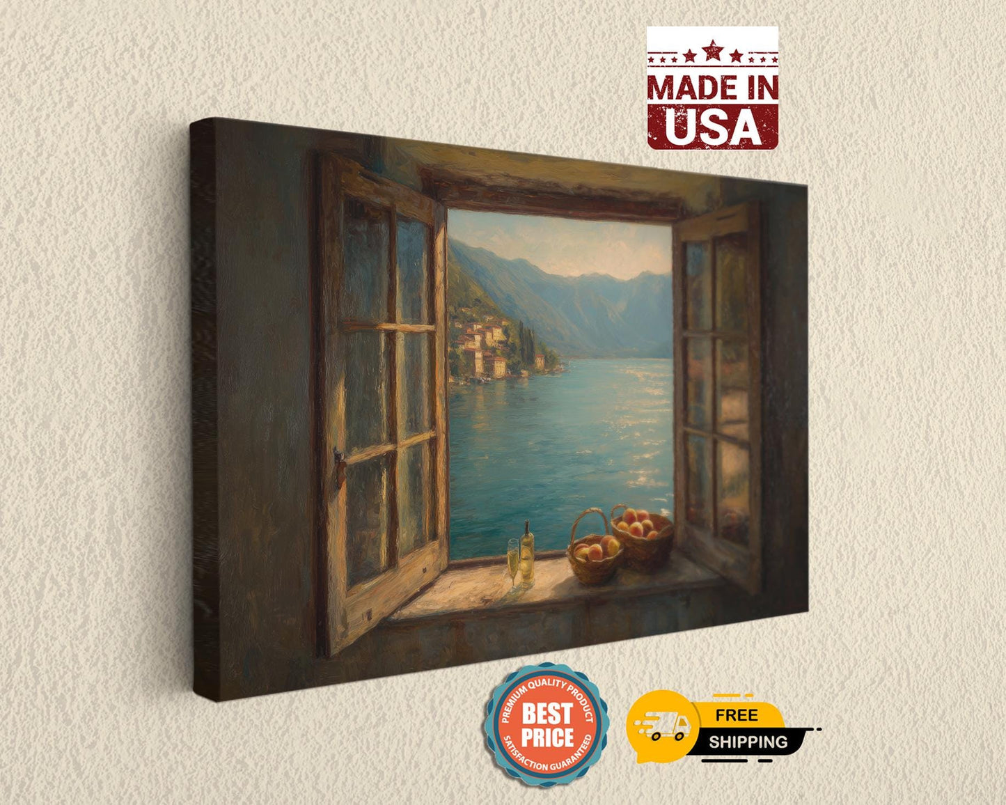 The image is a painting of a window overlooking a scenic view of a lake and mountains.