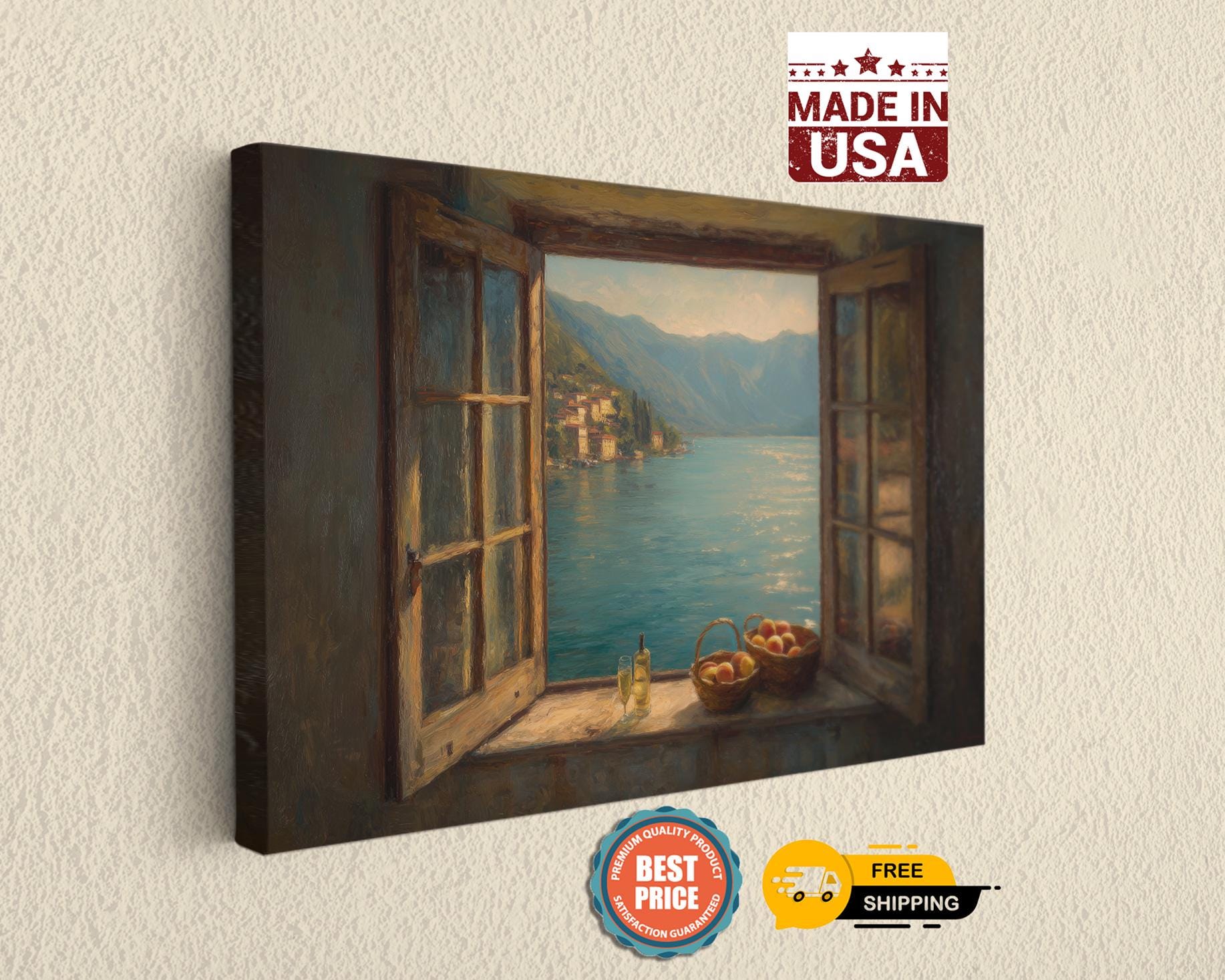 The image is a painting of a window overlooking a scenic view of a lake and mountains.