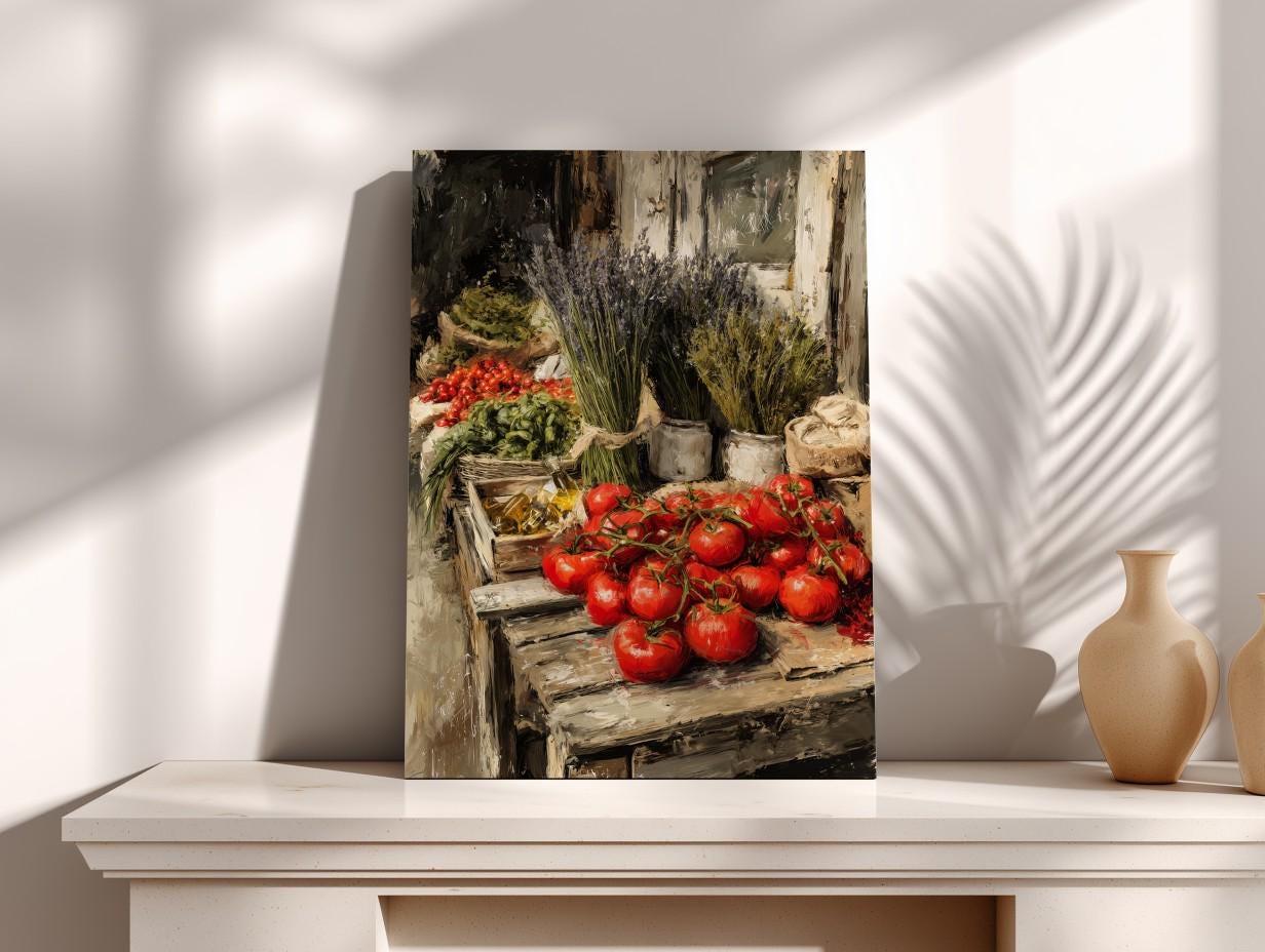 a rustic wooden table filled with fresh produce, including tomatoes, herbs, and other vegetables, set against a backdrop of a white wall and a window.