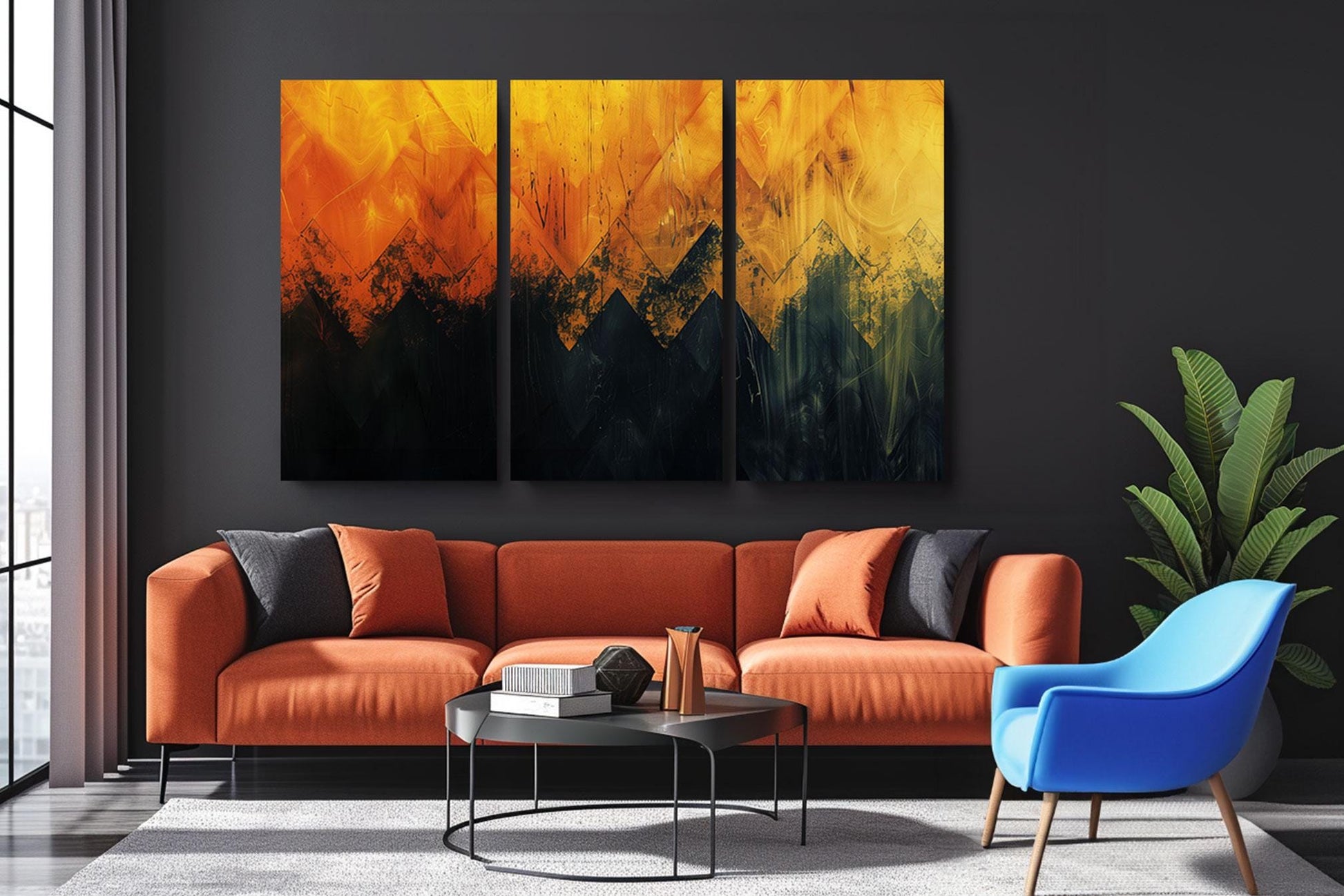 a living room with a couch and two chairs