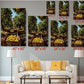 The image is a living room with a white sofa and a coffee table. Above the sofa, there are six framed images of oranges displayed in different sizes, ranging from 8x12 to 24x36 inches. The images are arranged in a grid-like pattern on the wall, creating a visually appealing display.