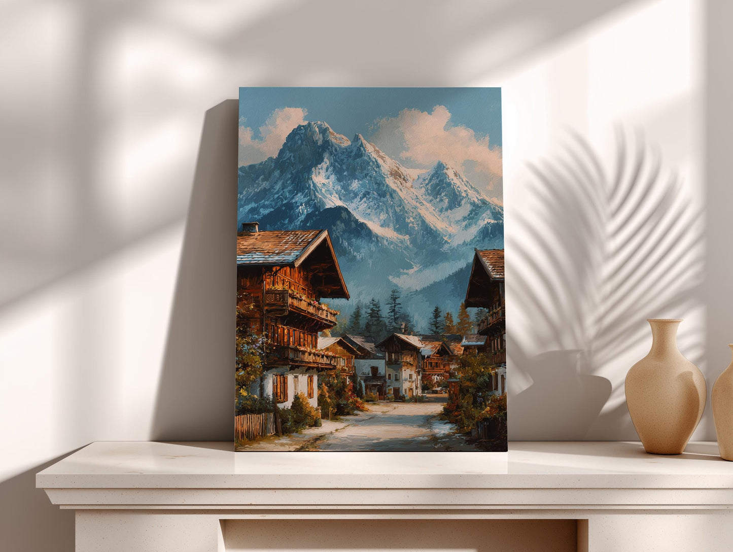 a picturesque mountain village nestled in the valley, with snow-capped peaks in the background and traditional wooden chalets lining the streets.