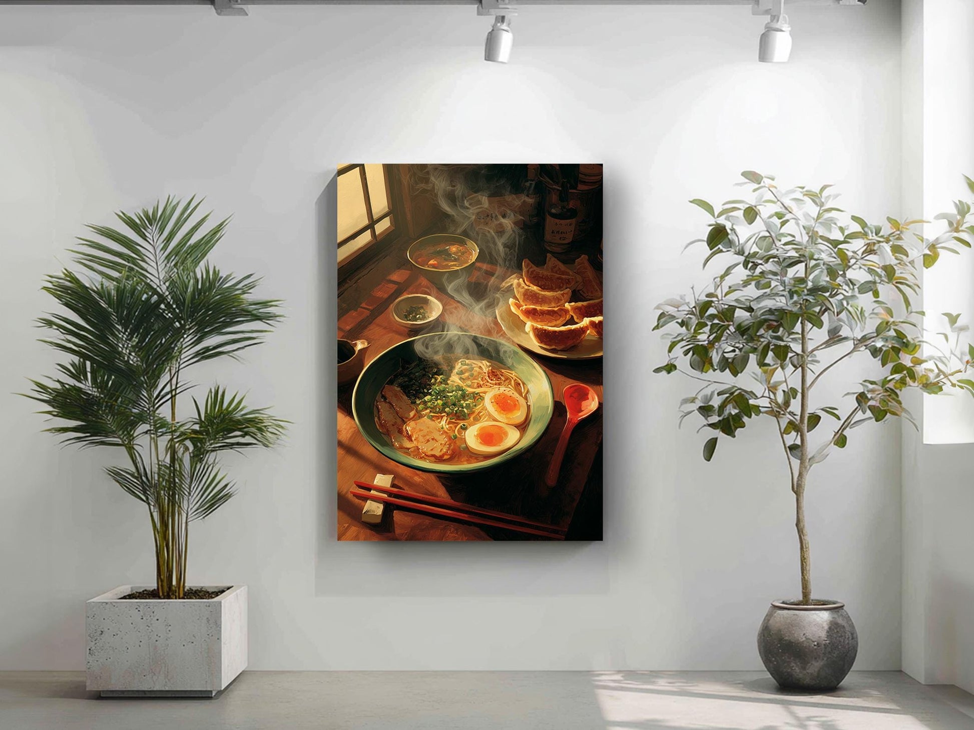 a cozy dining scene with a bowl of steaming ramen noodles, a plate of toast, and a bowl of soup, all set on a wooden table. The room is decorated with potted plants and a large window, creating a warm and inviting atmosphere.