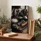 a wooden table with various items on it, including a framed photograph of a meal, potted plants, books, and other decorative objects.