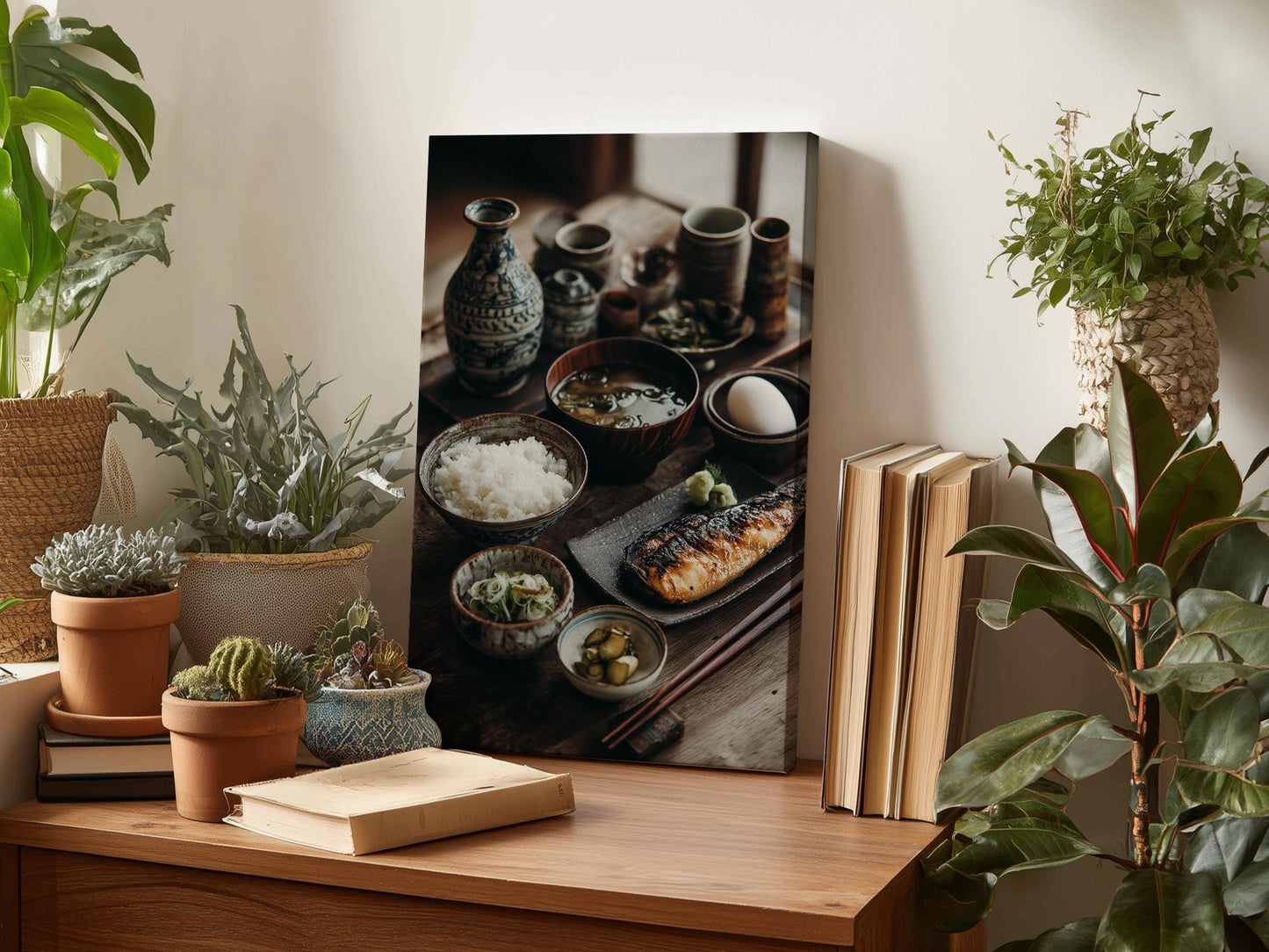 a wooden table with various items on it, including a framed photograph of a meal, potted plants, books, and other decorative objects.