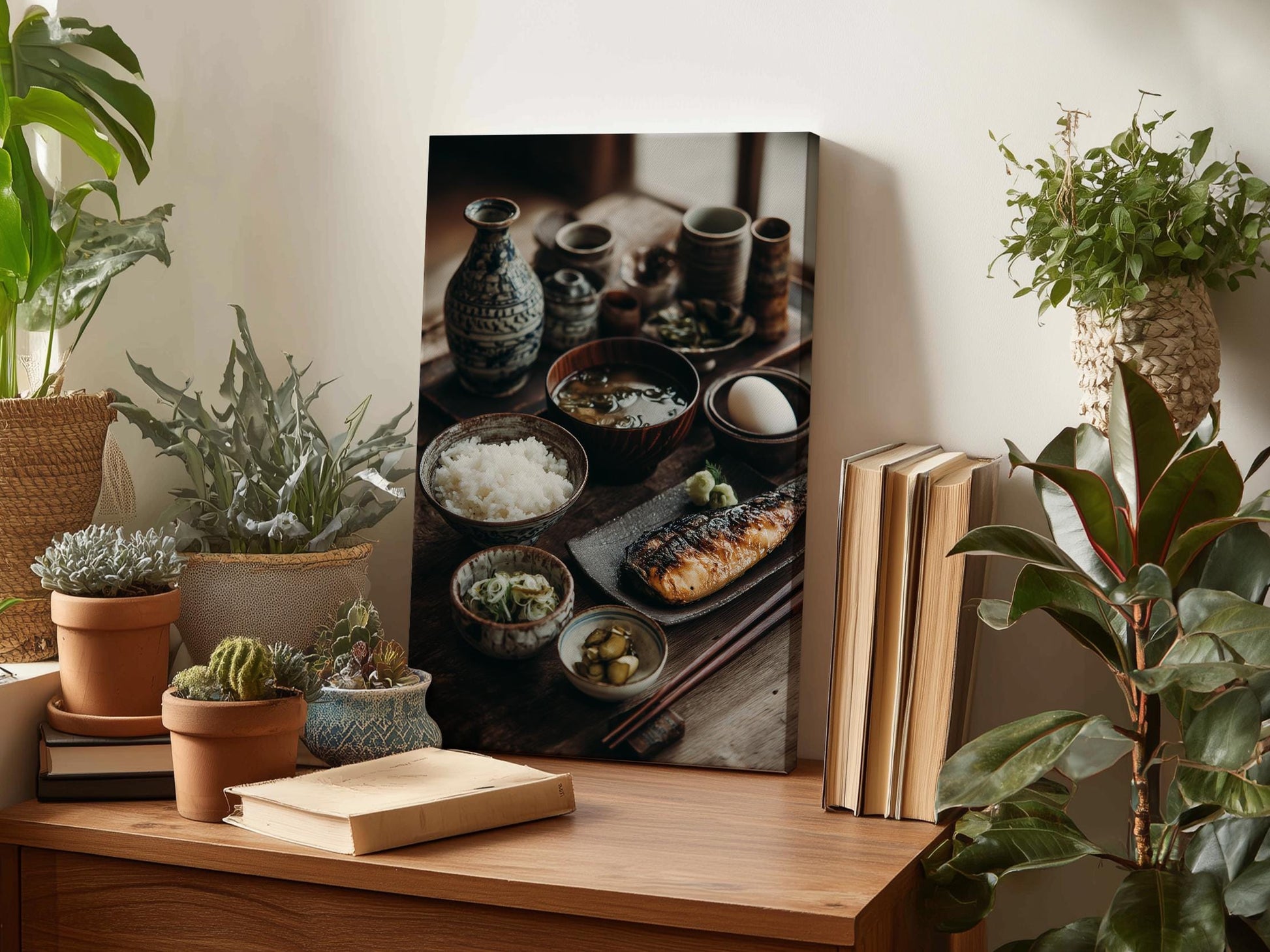 a wooden table with various items on it, including a framed photograph of a meal, potted plants, books, and other decorative objects.