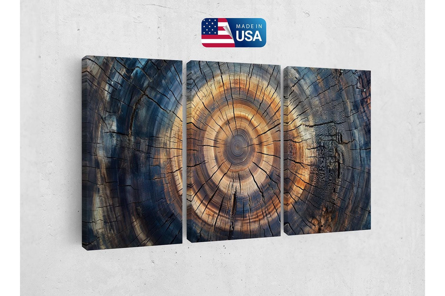 three pieces of wood with the american flag in the background