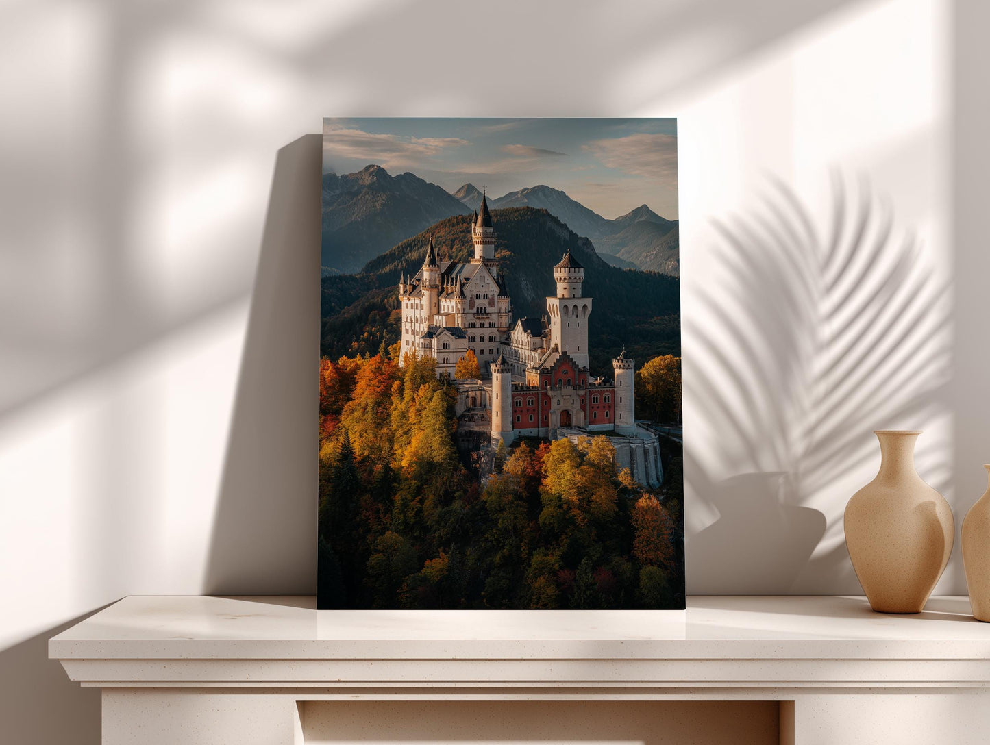 a large, ornate castle with multiple towers and turrets, set against a backdrop of mountains and trees with autumn foliage.