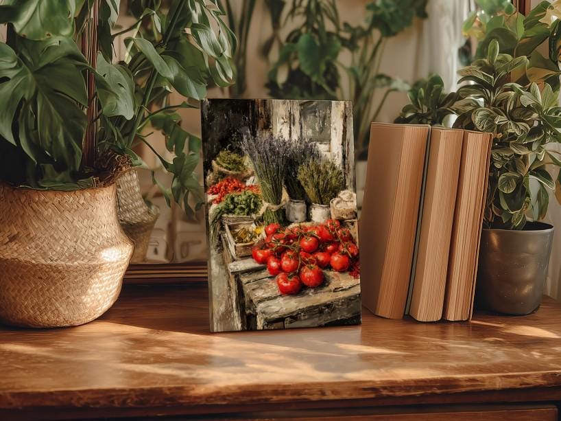 a wooden table with a framed photograph of a vegetable market scene, surrounded by potted plants and books.