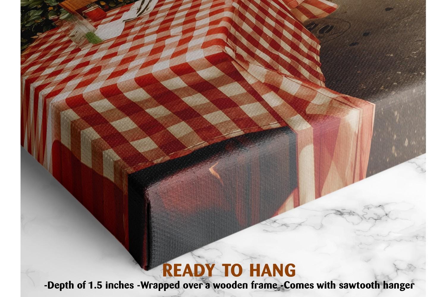 The image is a close-up of a red and white checkered tablecloth, with a wooden frame and a sawtooth hanger. The text below the image indicates that it is a ready-to-hang artwork, with a depth of 1.5 inches and a wrapped over wooden frame.
