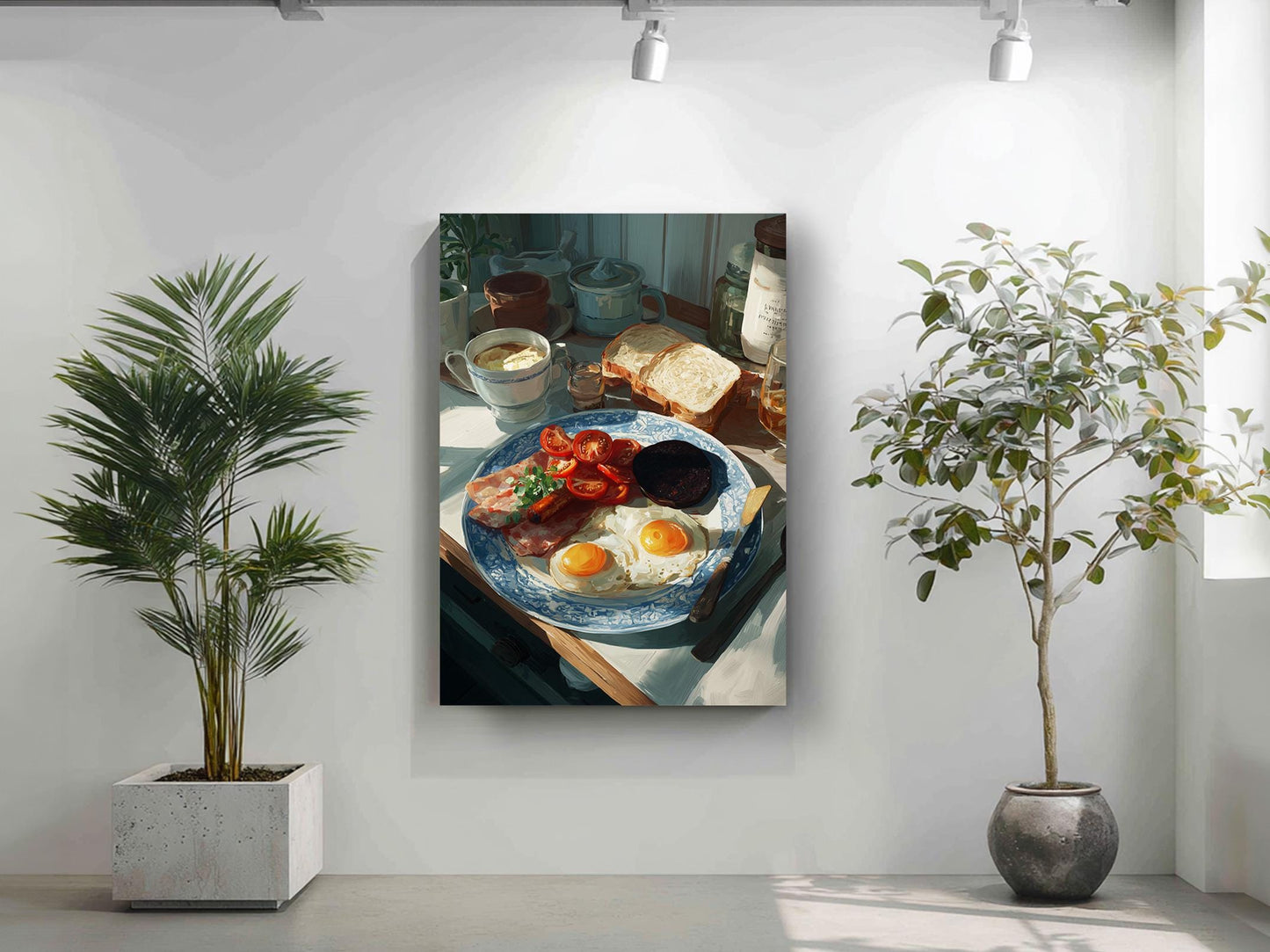a breakfast scene with a plate of food, including eggs, toast, and tomatoes, set on a table. The room is decorated with potted plants and a painting hangs on the wall.