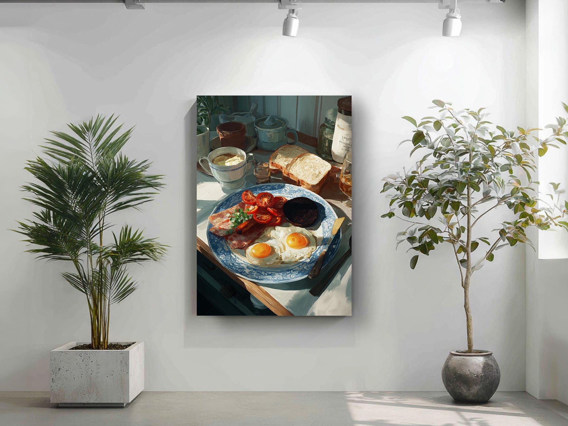a breakfast scene with a plate of food, including eggs, toast, and tomatoes, set on a table. The room is decorated with potted plants and a painting hangs on the wall.
