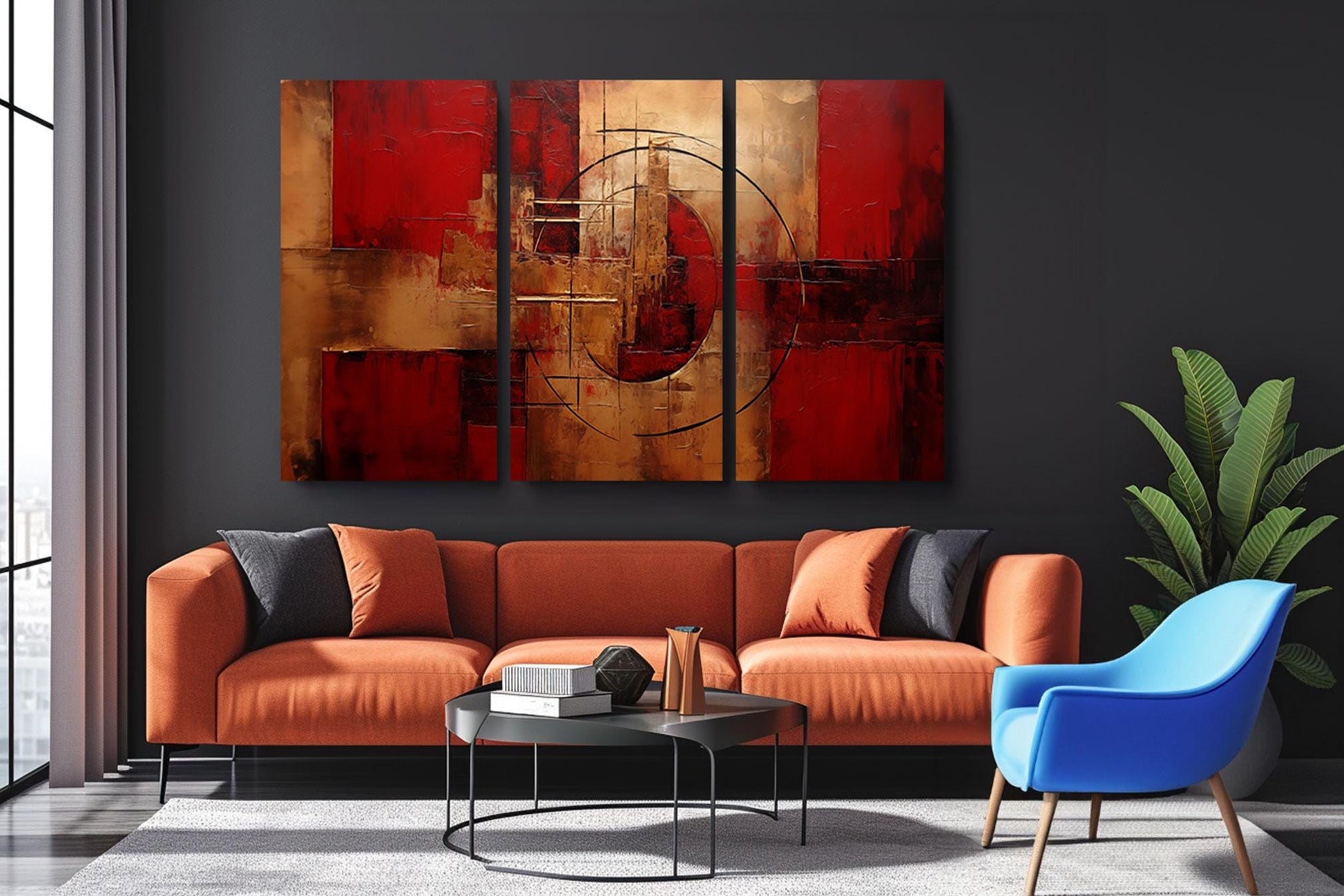 a living room with a couch, chair and painting on the wall