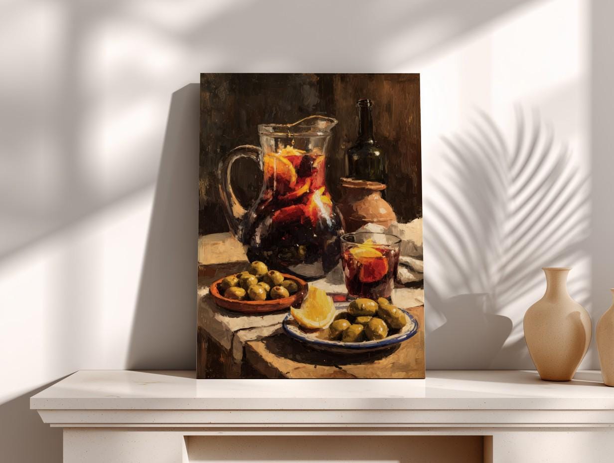 The image is a painting depicting a table with a pitcher of red liquid, a bowl of green olives, and a glass of red liquid, likely a type of wine or juice.