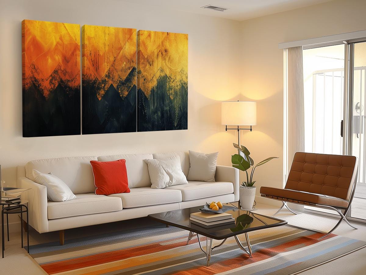 a living room filled with furniture and a painting on the wall