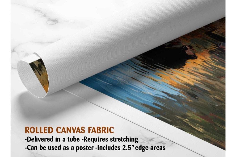 The image is a rolled canvas fabric, which is a type of canvas material used for painting or printing. It is described as a tube-delivered canvas fabric, which means it is delivered in a tube and requires stretching before use. It can be used as a poster with a 2.5&quot; edge area.