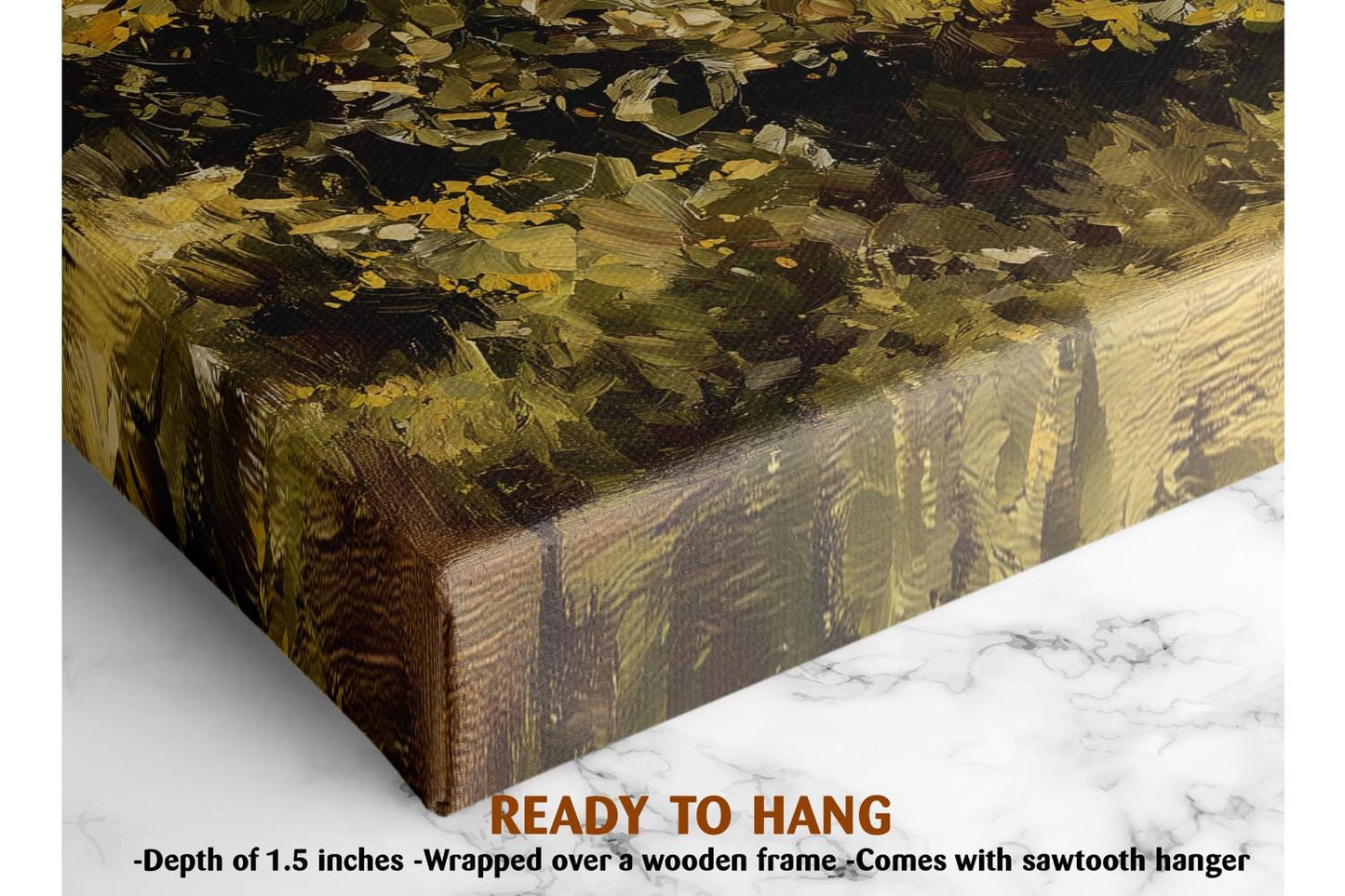 The image is a close-up of a wooden frame with a painting of leaves and branches on it. The frame is wrapped over a wooden frame, and the painting is described as a &quot;ready to hang&quot; with a depth of 1.5 inches.