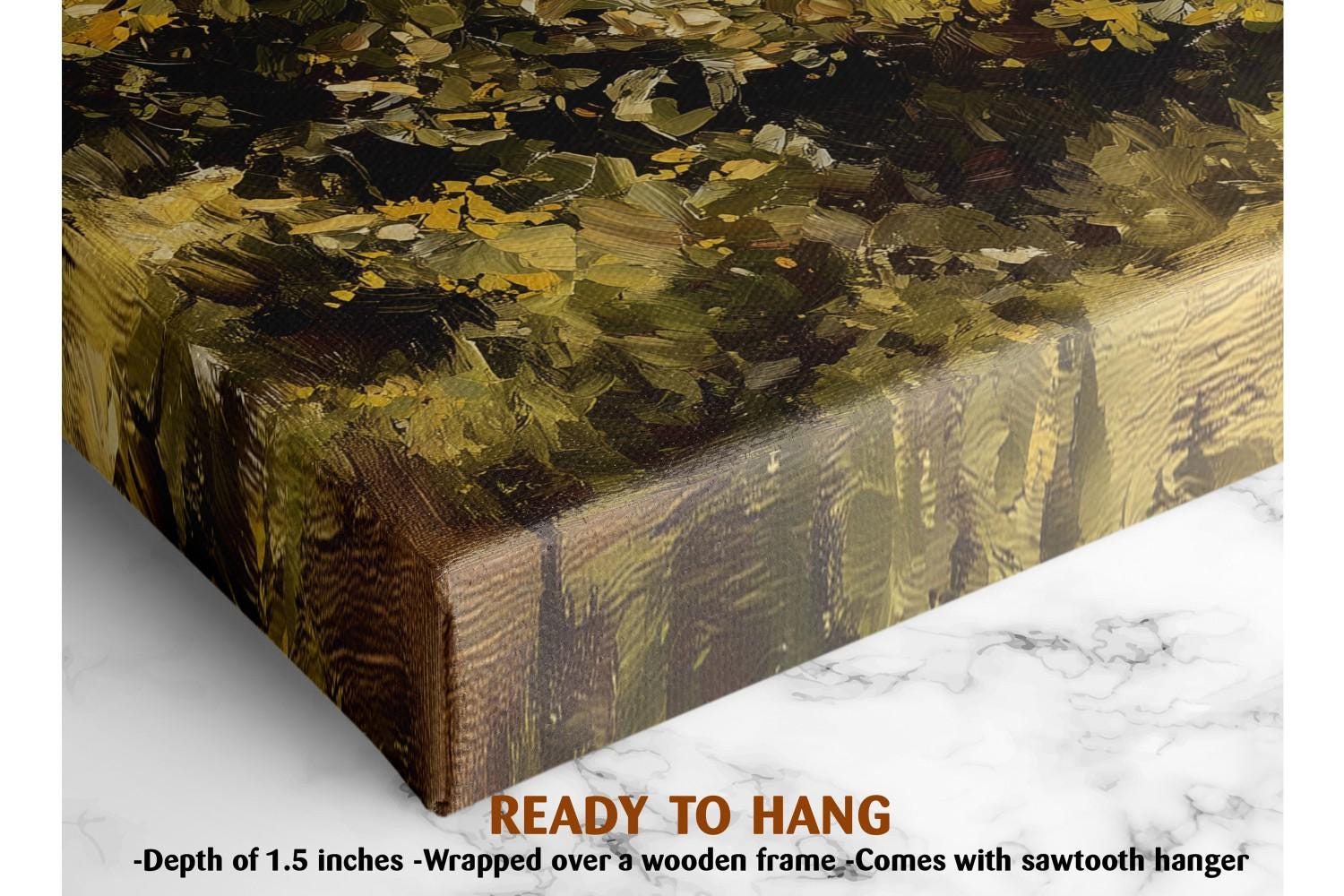 The image is a close-up of a wooden frame with a painting of leaves and branches on it. The frame is wrapped over a wooden frame, and the painting is described as a &quot;ready to hang&quot; with a depth of 1.5 inches.