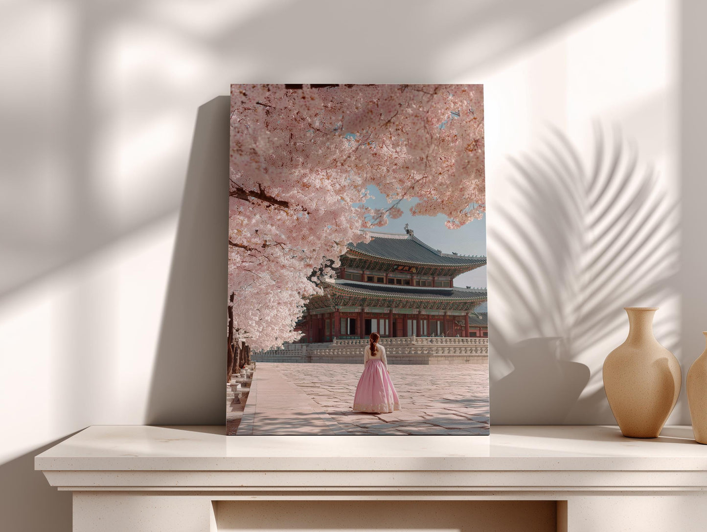 A woman in a pink dress stands in front of a traditional Korean temple with cherry blossom trees in the background.