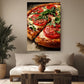 a large pizza with fresh basil and tomatoes, displayed on a wooden table in a cozy living room setting.