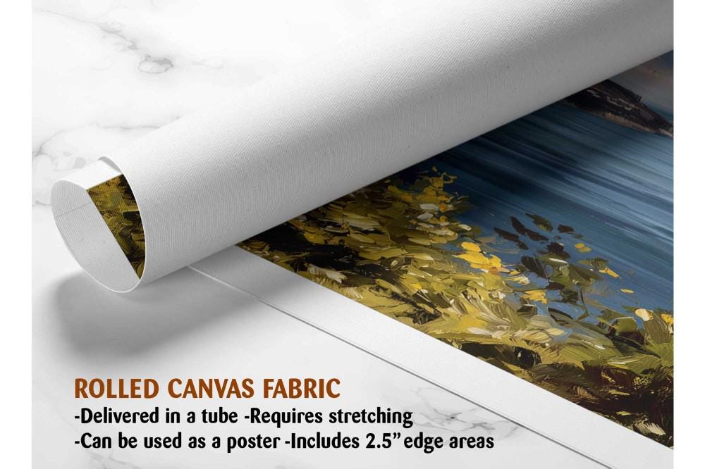 The image is a rolled canvas fabric, which is a type of canvas material used for painting or printing. It is described as a tube-delivered canvas fabric, which means it is delivered in a tube and requires stretching before use. It can be used as a poster with a 2.5&quot; edge area.