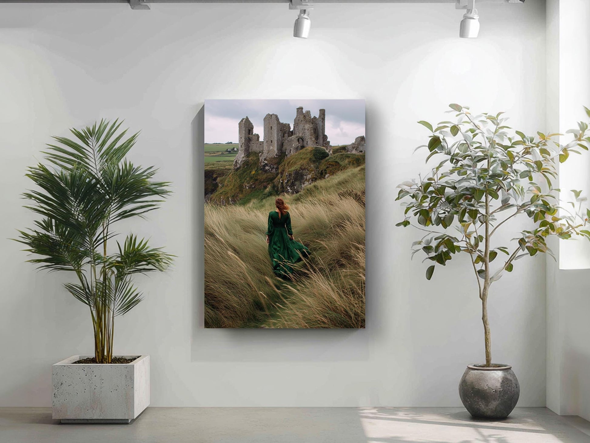 a woman in a green dress walking through a grassy field with a castle in the background.