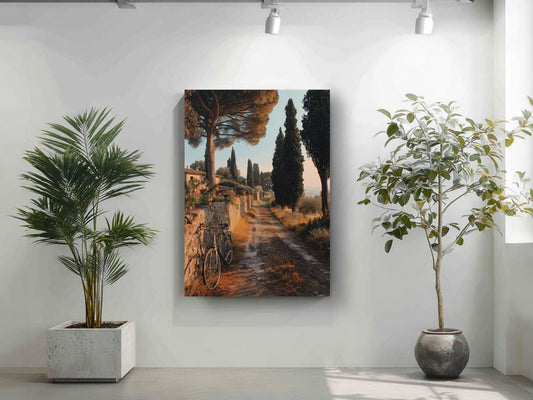 a serene landscape with a dirt path leading through a forest of tall trees, with a bicycle parked on the side of the path. The scene is framed by two potted plants, one on each side of the path, creating a harmonious and tranquil atmosphere.