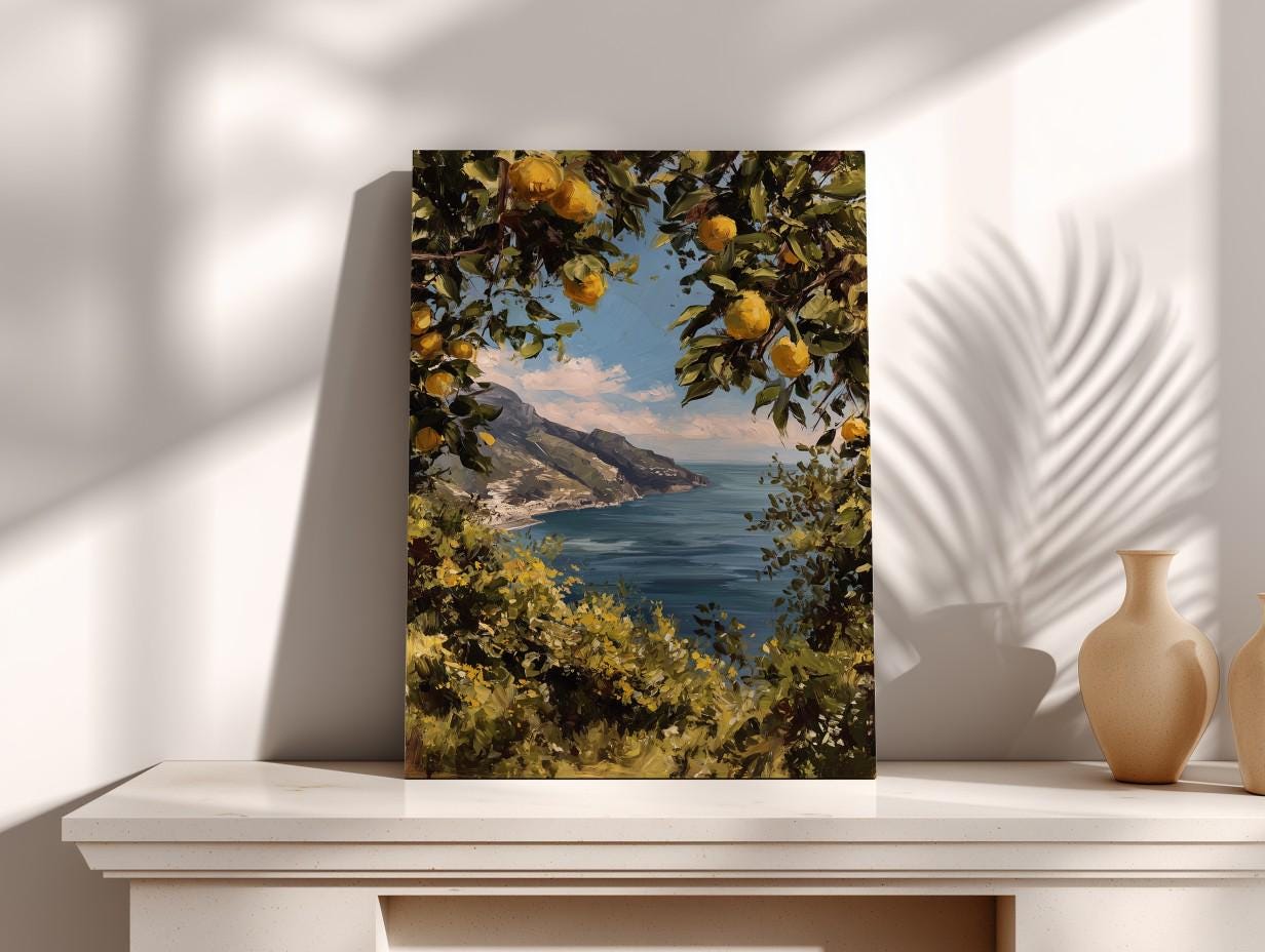 a painting of a scenic coastal landscape with a view of the ocean and mountains in the background.