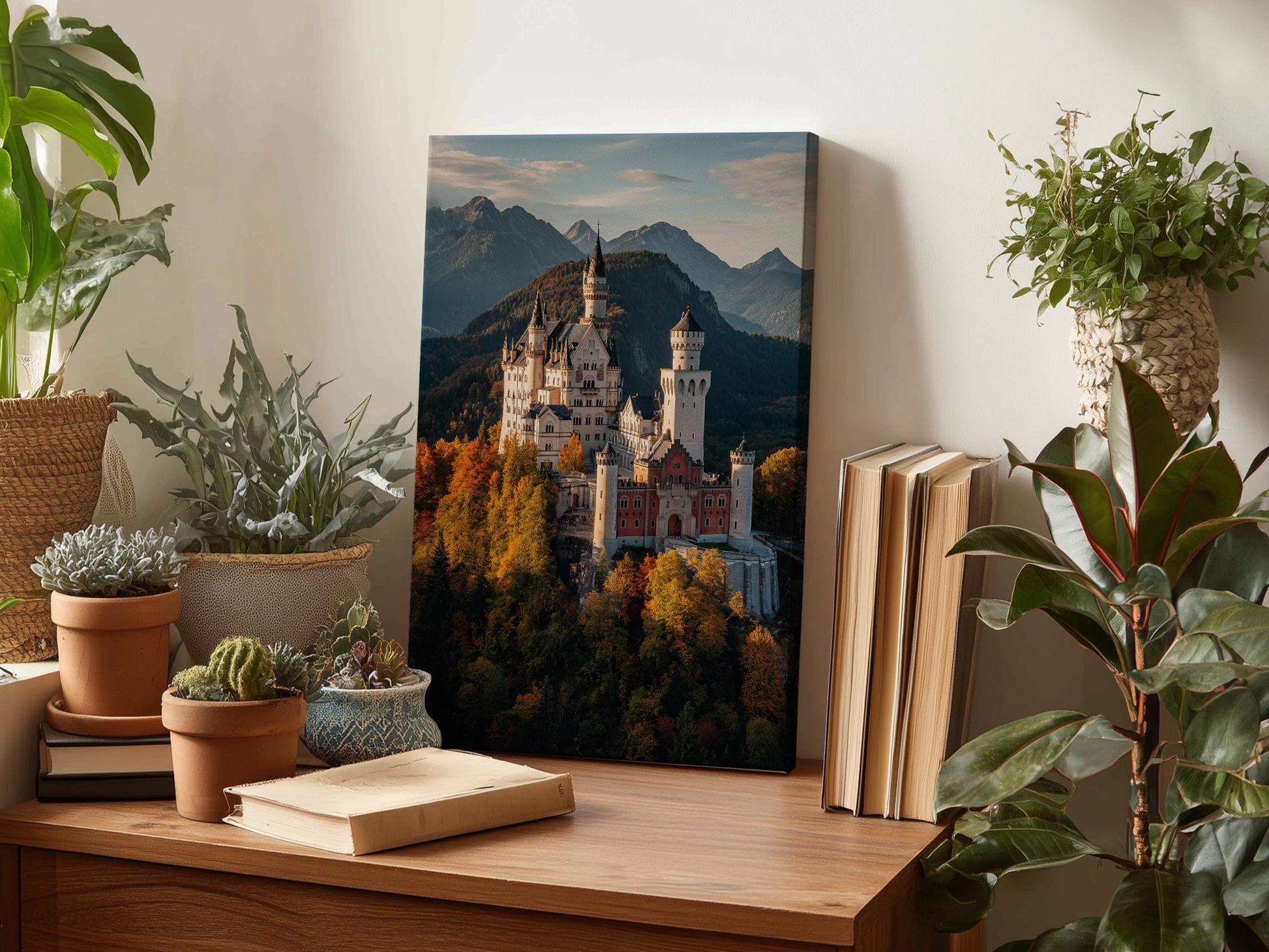 a wooden desk with a framed picture of a castle in the background, surrounded by potted plants and books.
