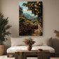 a serene and inviting living room with a large painting of a stone path leading through a lush garden, surrounded by orange trees and a stone wall. The room is decorated with potted plants, a wooden coffee table, and a comfortable sofa, creating a cozy and relaxing atmosphere.