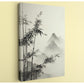 A black and white image depicting bamboo plants with a misty mountain landscape in the background.