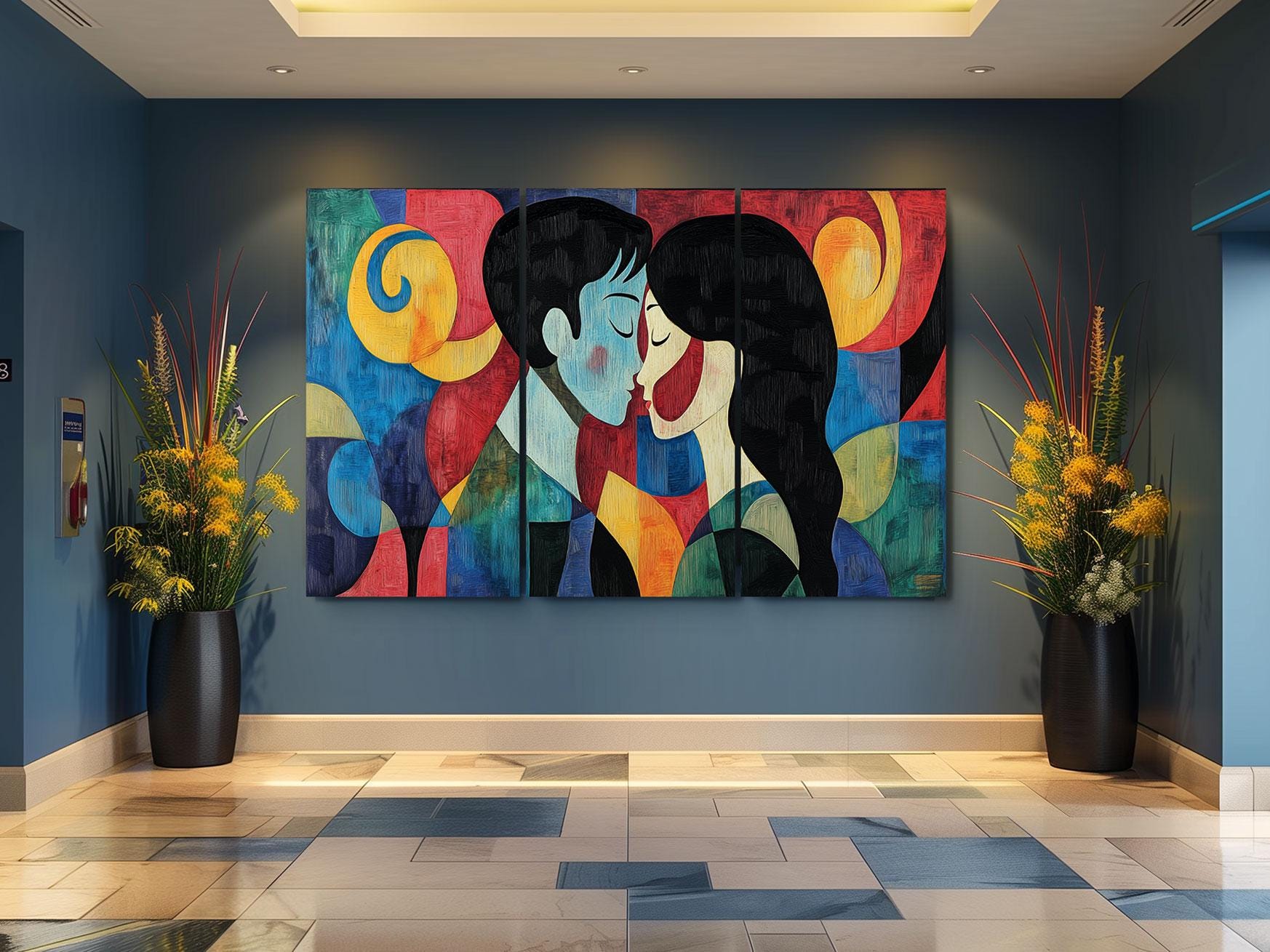 a painting on a wall of a woman kissing a man