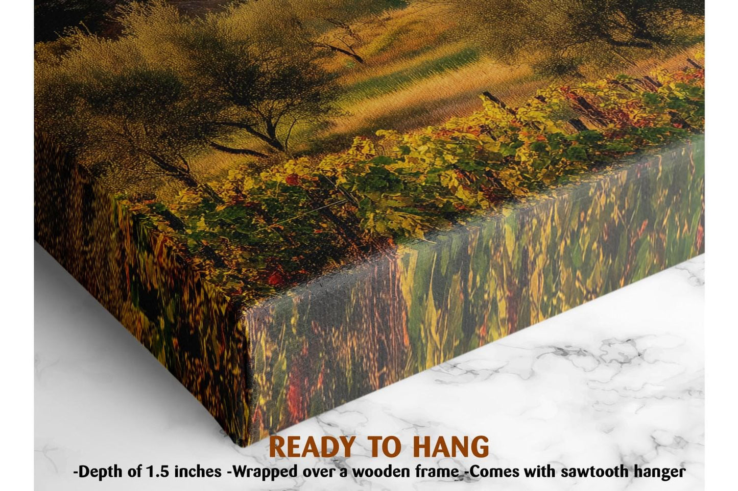 The image is a close-up of a framed print depicting a lush, colorful landscape with trees and foliage. The print is described as a &quot;Ready to Hang&quot; size, which means it is 1.5 inches deep. The print is wrapped over a wooden frame, and it comes with a sawtooth hanger, which is a type of hanging hardware designed for hanging framed items.